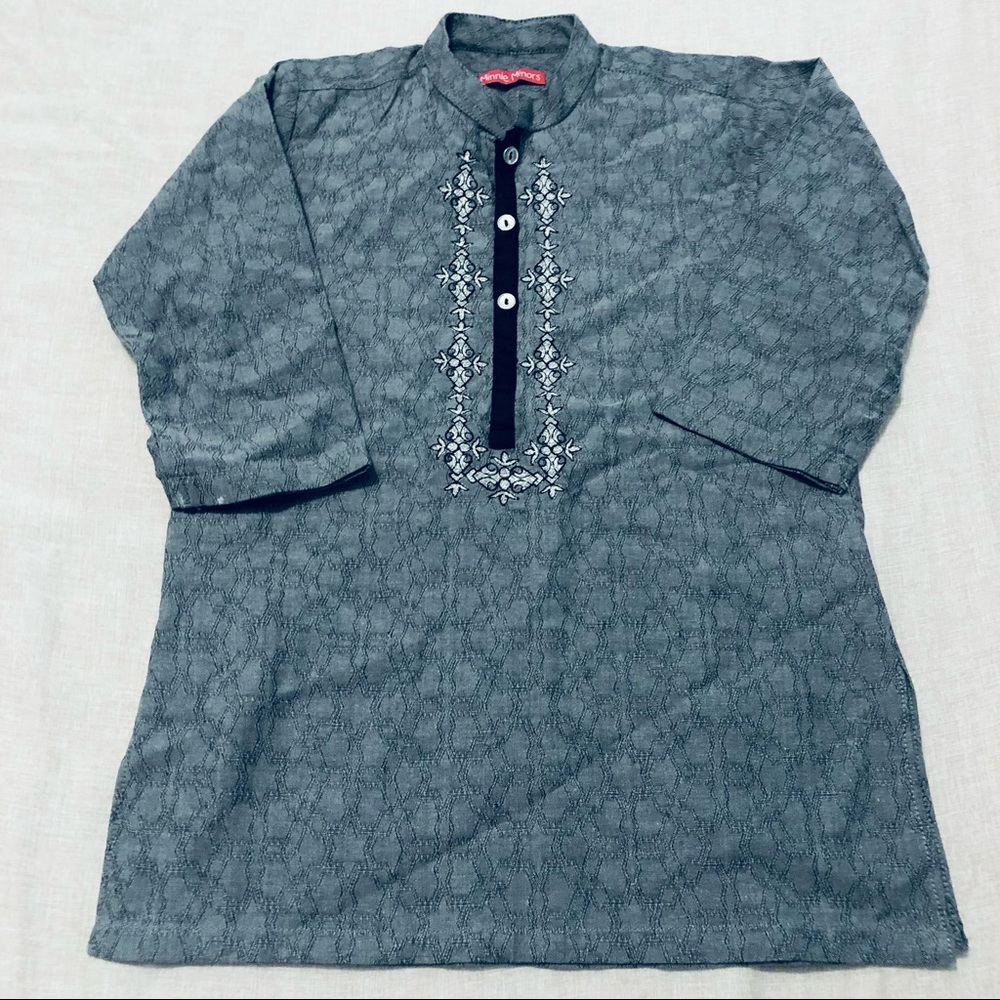 Minnie Minors Boys Kurta Top Embroidered Neckline Grey/Black Size 12/18 months